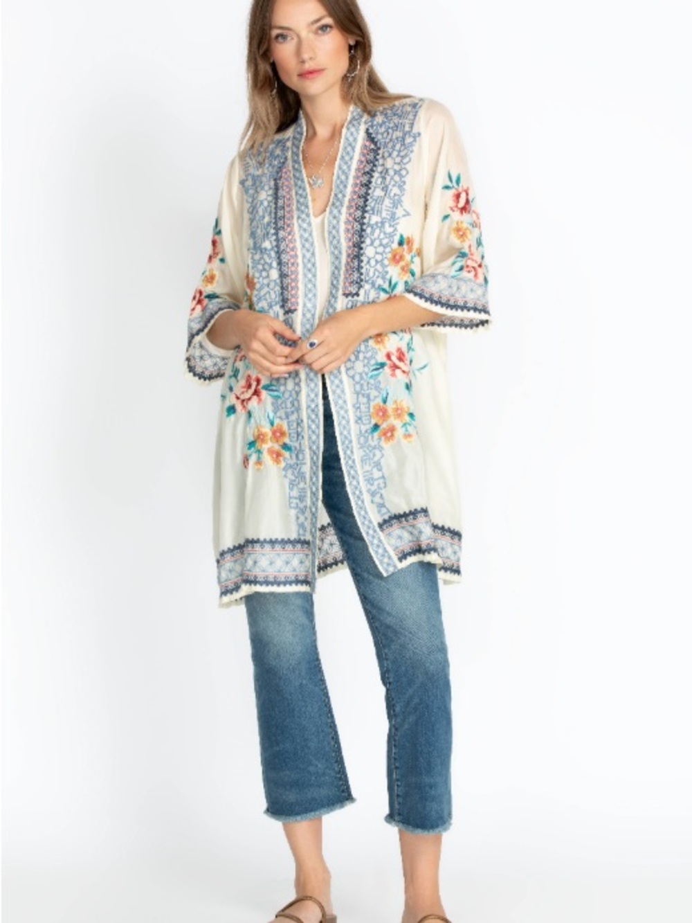 Johnny Was Utopia Silk Embroidered Floral Kimono Cardigan XS